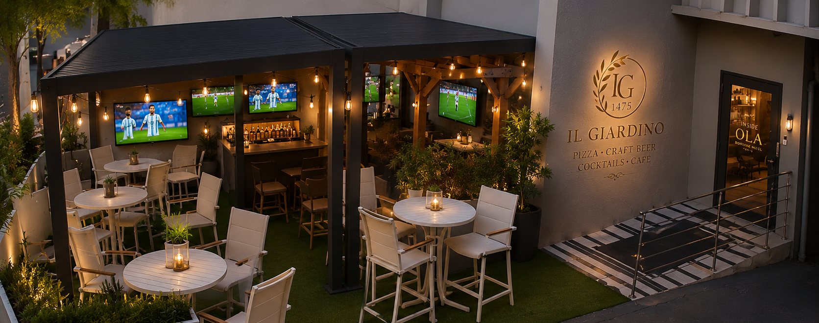 Promotional view of the Il Giardino 1475 outdoor garden bar and Ola entrance
