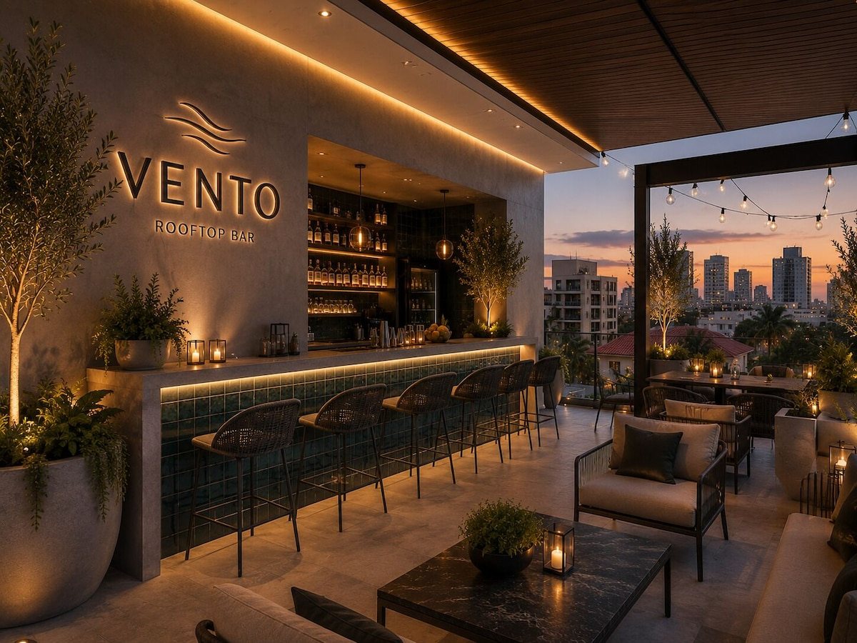 Opening preview of the Vento Rooftop Bar sign, green-tiled bar, pergola and skyline at dusk