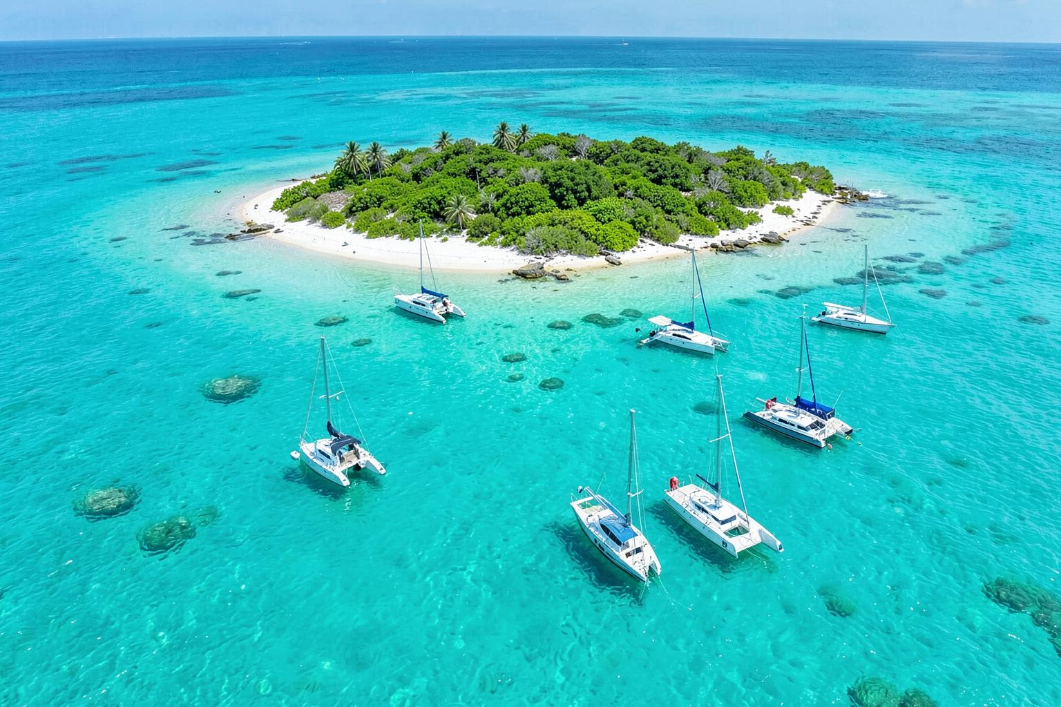 Sailing boats offshore beside a sandy green island in Puerto Rico