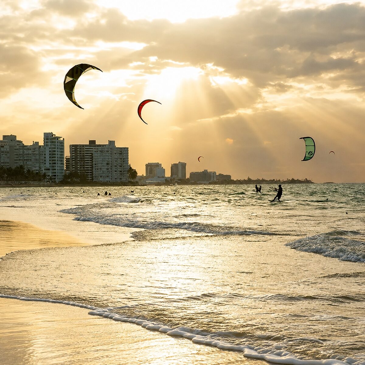 Kitesurfers and their kites over the water at Ocean Park at sunset, with the San Juan skyline along the shore