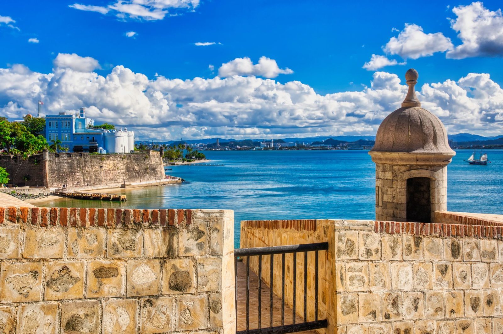 Stone sentry box and historic city walls in Old San Juan overlooking San Juan Bay